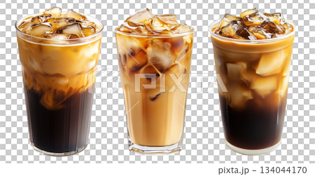 Iced latte Vietnamese Ca Phe Sua Da made with cold milk and espresso in tall clear glass, isolated on white background 134044170
