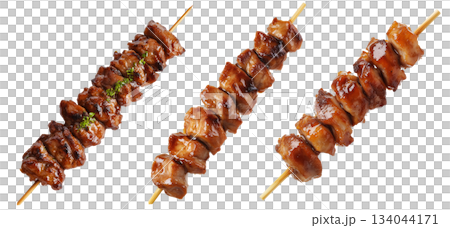 Grilled chicken yakitori skewer with teriyaki glaze or Isaw Filipino street food isolated on white transparent background 134044171
