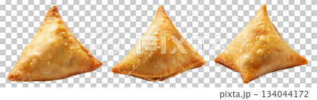Golden brown crispy samosas isolated on white transparent background, traditional Indian snack concept 134044172