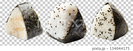Japanese salmon onigiri rice ball wrapped in nori seaweed, isolated on white background, Asian cuisine concept Japanese salmon onigiri rice ball wrapped in nori seaweed, isolated on white background, Asian cuisine concept 134044175