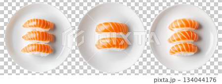 Salmon nigiri sushi arranged neatly on white plate, isolated on white background, concept of Japanese cuisine 134044176