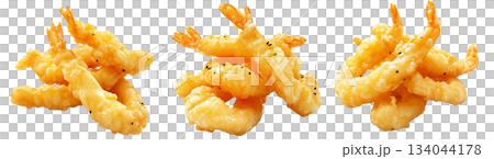 Deep fried shrimps tempura in golden batter, isolated on white background, concept of Japanese cuisine delicacy Deep fried shrimps tempura in golden batter, isolated on white background, concept of Japanese cuisine delicacy 134044178