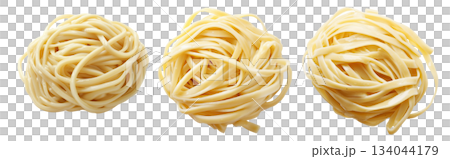 Raw fettuccine pasta nest or Japanese udon isolated on white transparent background, representing cooking ingredients 134044179