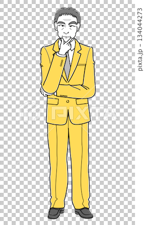 A middle-aged man in a suit standing with his hand on his chin (simple) A middle-aged man in a suit standing with his hand on his chin (simple) 134044273