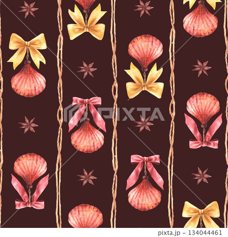 Vintage seashell Christmas ornaments with red gold bows and anise star vertical braided ropes. Watercolor painted seamless pattern isolated illustration on dark background for festive wrapping, fabric 134044461