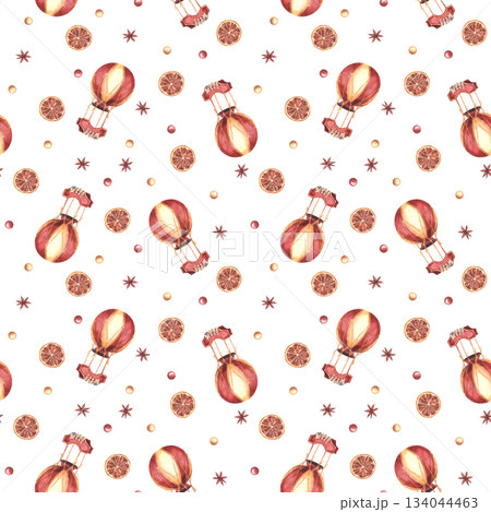 Watercolor Christmas seamless pattern. Vintage hot air balloon with anise star, dried orange slices and red gold balls. Hand drawn illustration on isolated white background festive winter tablecloth. 134044463