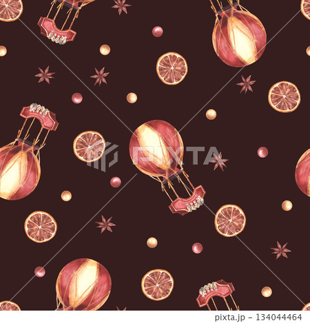 Vintage Christmas seamless pattern with hot air balloon, anise star, dried orange circles and red gold balls. Watercolor painted packaging paper, fabric design Illustration on isolated dark background 134044464