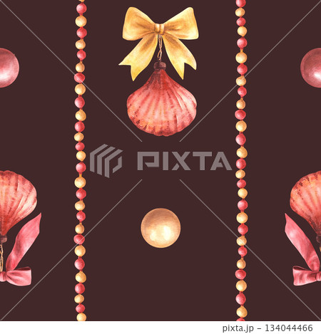 Seamless Christmas winter pattern. Tree toy in the shape of seashell with red gold bows and striped balls garland. Watercolor painted packaging, festive fabric. Illustration on isolated dark 134044466