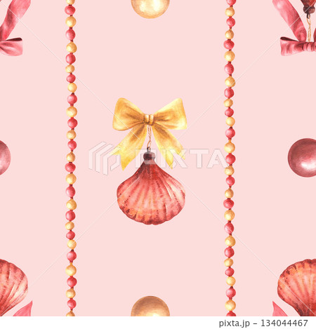 Seamless Christmas winter pattern Tree toy in the shape of seashell with red gold bows and striped balls garland. Watercolor painted packaging, festive fabric. Illustration on isolated pink background Seamless Christmas winter pattern Tree toy in the shape of seashell with red gold bows and striped balls garland. Watercolor painted packaging, festive fabric. Illustration on isolated pink background 134044467