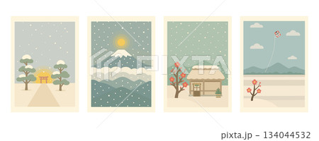 雪景色の日本的お正月イラスト、Snowy Japanese New Year  134044532