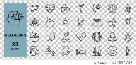 Wellbeing, health and happiness line icon set Wellbeing, health and happiness line icon set 134044754