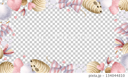 Cat toys watercolor horizontal frame with balls, pompom, mouse toys, rope with feathers and bows. Cute repeat banner template in pastel beige, pink and purple. Pet goods clip art with hearts and paws Cat toys watercolor horizontal frame with balls, pompom, mouse toys, rope with feathers and bows. Cute repeat banner template in pastel beige, pink and purple. Pet goods clip art with hearts and paws 134044810