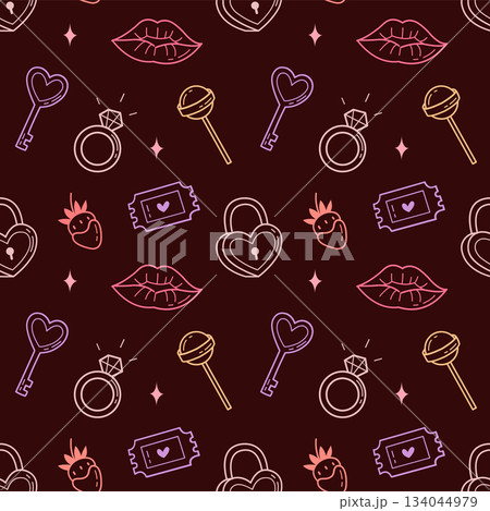 Valentine Seamless Pattern with Hearts, Keys and Lips on Dark Background Valentine Seamless Pattern with Hearts, Keys and Lips on Dark Background 134044979