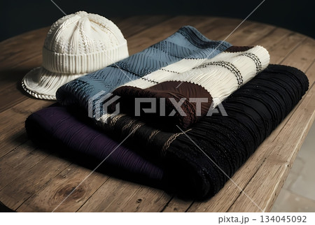 木のテーブルの上に置いた毛糸 134045092