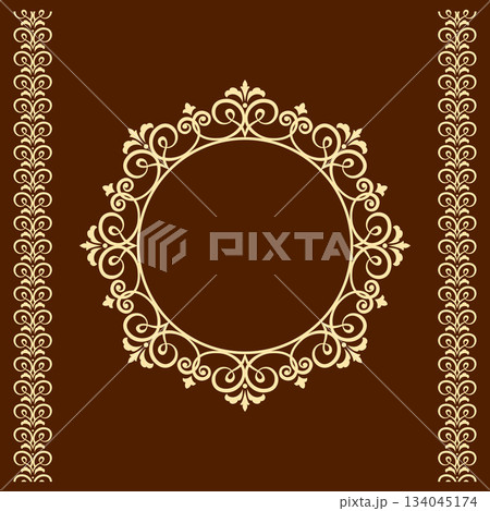 Decorative frame Elegant vector element for design in Eastern style, place for text. Floral golden and brown border. Lace illustration for invitations and greeting cards 134045174