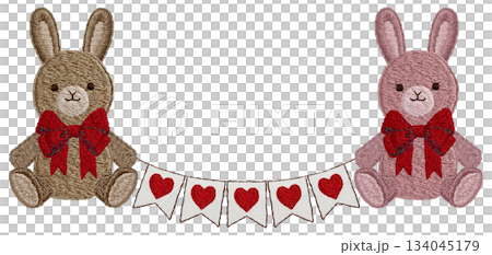[Stuffed rabbit and heart garland] Hand-embroidered illustration material 134045179