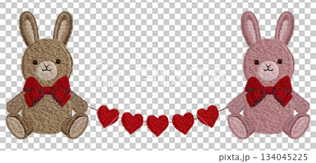 【ぬいぐるみのうさぎとハートのガーランド】手刺繍イラスト素材 134045225