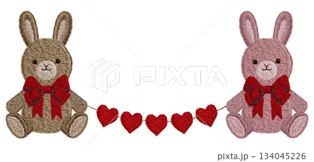 【ぬいぐるみのうさぎとハートのガーランド】手刺繍イラスト素材 134045226