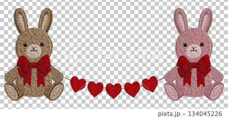 【ぬいぐるみのうさぎとハートのガーランド】手刺繍イラスト素材 134045226