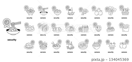 A series of drawings of food and bowls with the word security written below them 134045369