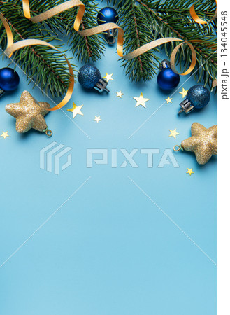 Christmas holiday border design with blue ornaments and stars 134045548