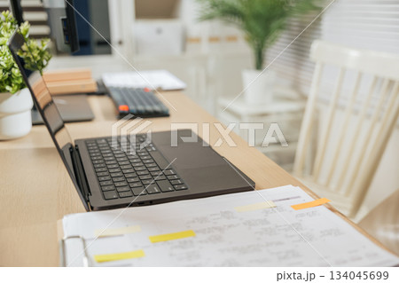 Efficient workspace home office setup features modern business laptop computer on wood desk, showcasing organized digital work environment with essential documents and green plant. Efficient workspace home office setup features modern business laptop computer on wood desk, showcasing organized digital work environment with essential documents and green plant. 134045699