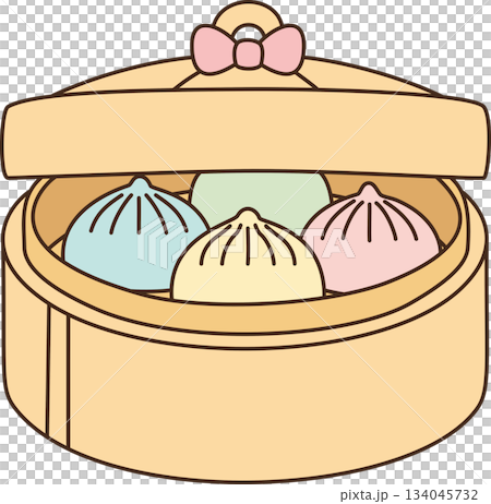 Steamed Dim Sum Dumplings in Bamboo Steamer Basket with Pastel Colors 134045732