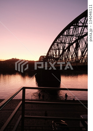 Golden Hour Rail Bridge Silhouette View Golden Hour Rail Bridge Silhouette View 134046111
