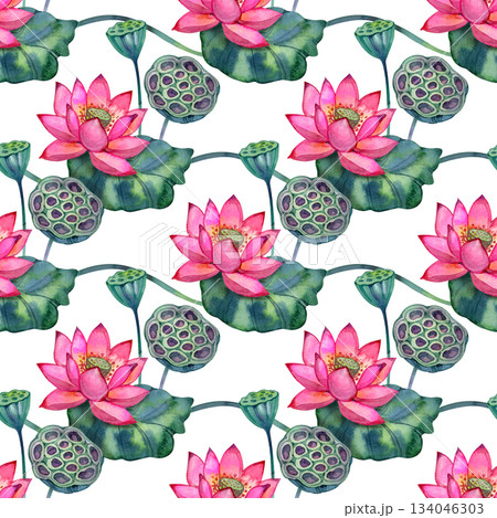 Watercolor seamless pattern with blooming pink lotus flowers, lush leaves, and seed pods. Calm botanical design suitable for textiles, wellness themes, spa prints, wallpapers, and elegant natural 134046303