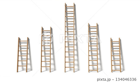 Five wooden ladders of different heights standing in row against white wall casting shadow concept of career growth competition levels 134046336