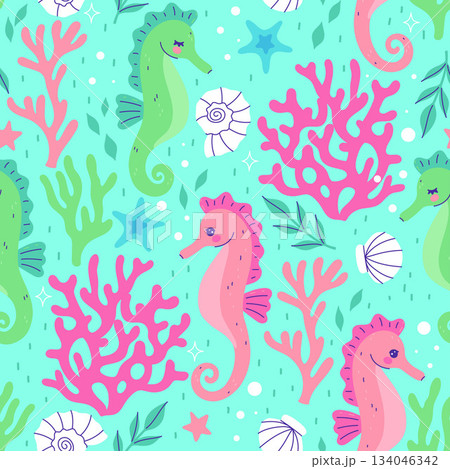 Seamless pattern with seahorses, corals, and shells. Vector graphics. 134046342