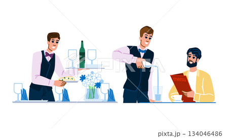 Waiter serving customer in restaurant setting 134046486