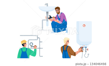 Plumbing service workers repairing and installing water systems Plumbing service workers repairing and installing water systems 134046498