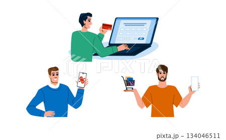 Men shopping online, paying with cards and using mobile apps 134046511