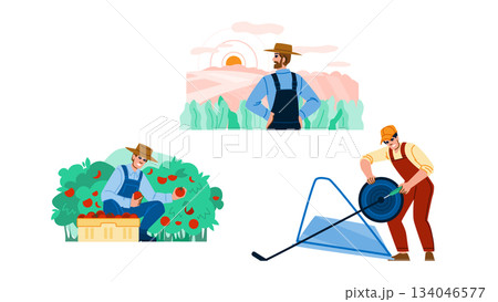Farmer working in agriculture field harvesting and irrigating 134046577
