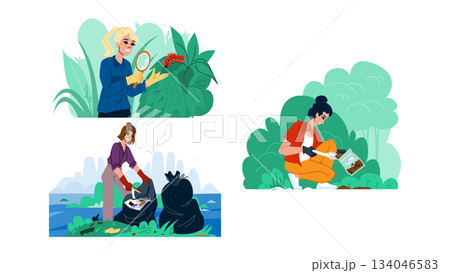 Women ecologist scientists studying nature and cleaning environment 134046583