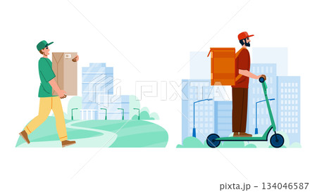 Delivery couriers providing modern express shipping services 134046587