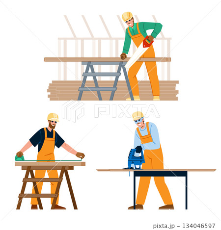 Carpenter men performing woodworking tasks with tools 134046597