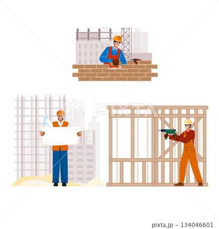 Construction workers developing building project planning and framing 134046601