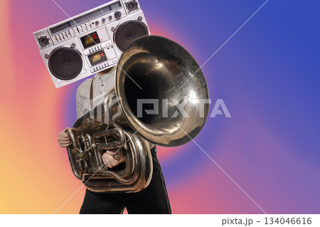 Abstract modern collage. The man with the head of a tape recorder holding the tube 134046616