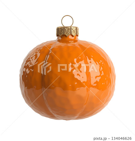 Glossy orange tangerine christmas ornament with decorative golden cap and stem, isolated on transparent background 134046626