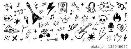 Rock and roll music icons with punk guitar stickers, grunge skulls, hand gestures, stars and tattoo style band symbols. Hand drawn grunge doodle style rock music icons. Vector 134046635