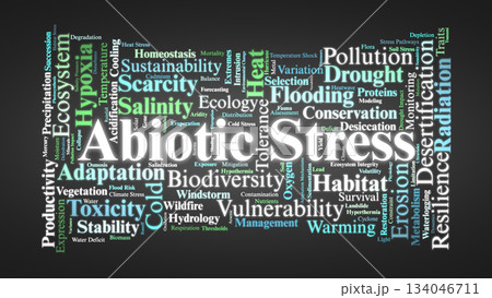 Abiotic Stress Word Cloud. Key Environmental Factors Affecting Biodiversity and Ecosystems 134046711