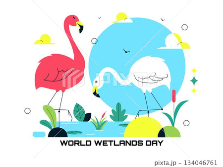 World Wetlands Day Vector Illustration on 2 February Featuring Stork Animals and Garden Background In Holiday Celebration Flat Cartoon Design 134046761