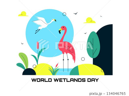 World Wetlands Day Vector Illustration on 2 February Featuring Stork Animals and Garden Background In Holiday Celebration Flat Cartoon Design 134046765