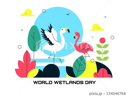 World Wetlands Day Vector Illustration on 2 February Featuring Stork Animals and Garden Background In Holiday Celebration Flat Cartoon Design 134046768