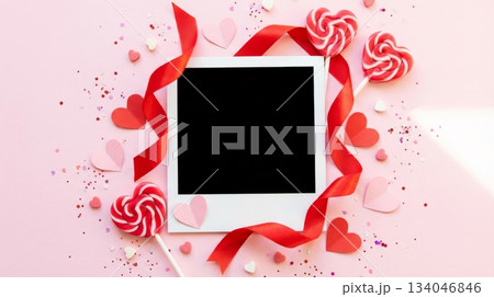 Blank Polaroid with Red Ribbon and Paper Heart Candy 134046846
