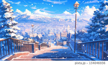 冬の住宅街の石の階段の風景、アニメ風 冬の住宅街の石の階段の風景、アニメ風 134046936