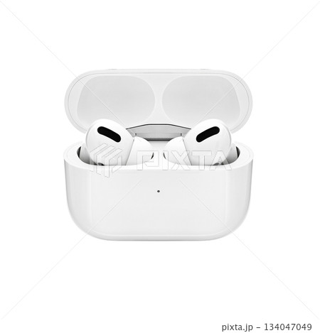 A pair of white earbuds with a white cord 134047049