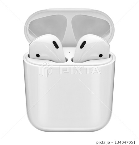 A pair of white earbuds with a white case A pair of white earbuds with a white case 134047051